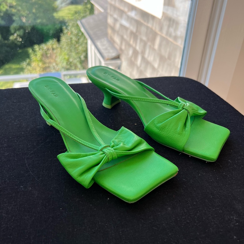 BY FAR green kitten heel slides